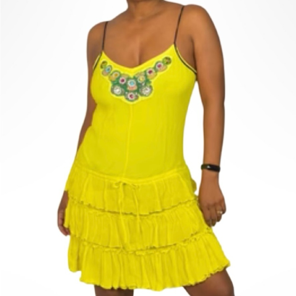 Free people Silk Vibrant‎ Yellow Sundress with Floral embroidery